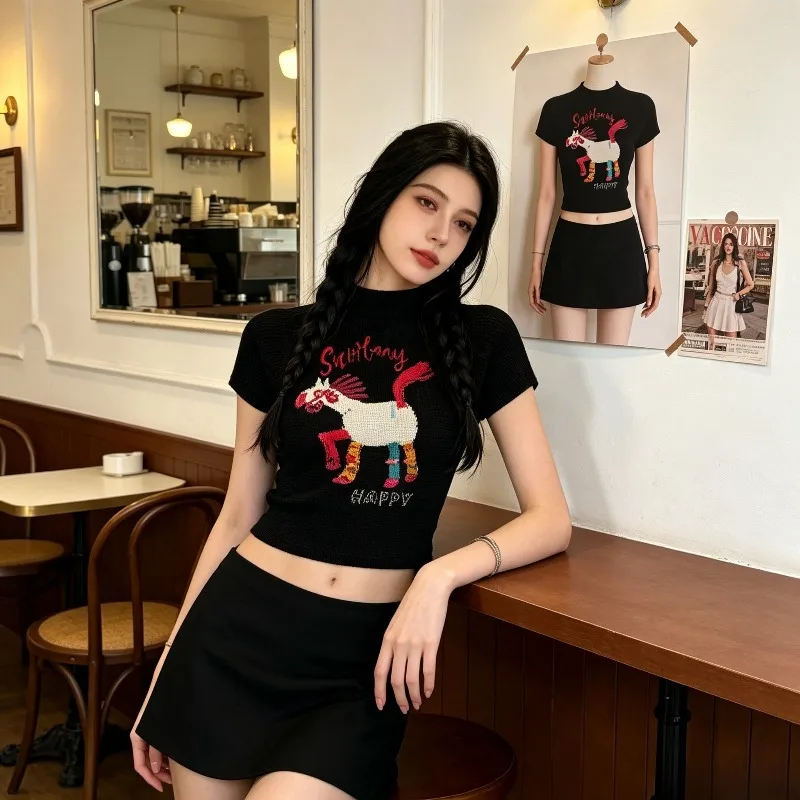 Miyake Pleated 2026 New Original Summer Pleated Lamb Print Short Top Corn Grain Texture Short Sleeve T-Shirt Women's Knitwear