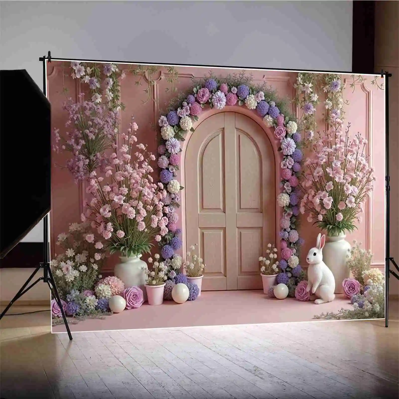 MOON.QG 2025 Easter Decoration Backdrop Bunny Rabbit Egg Spring Green Pink Garden Tulip Background Outdoor Photography Photocall