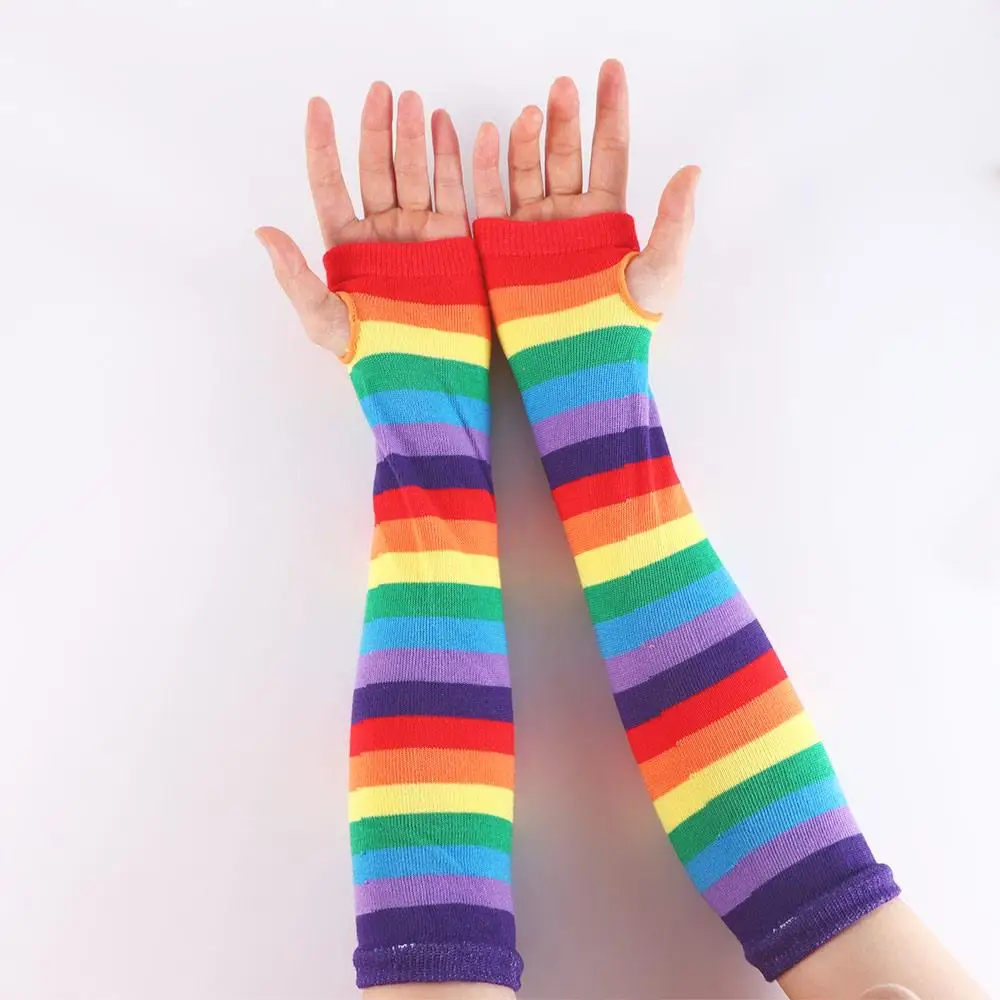 Sleeve Girls Thin Outdoor Sun Protective Striped Arm Warmers Rainbow Sleeve Cuff Knitting  Gloves Female Arm Warmers