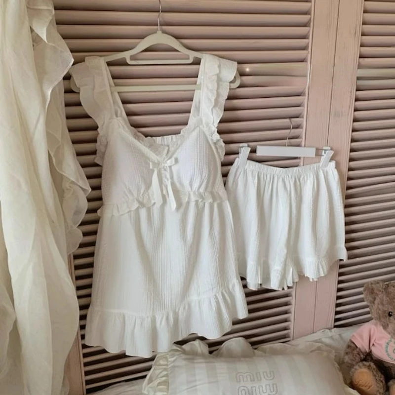 Sweet Pajamas for Women Summer Home Ruffles Design Tender Students Lounge Sleepwear Korean Fashion Clothes All-match Dormitory