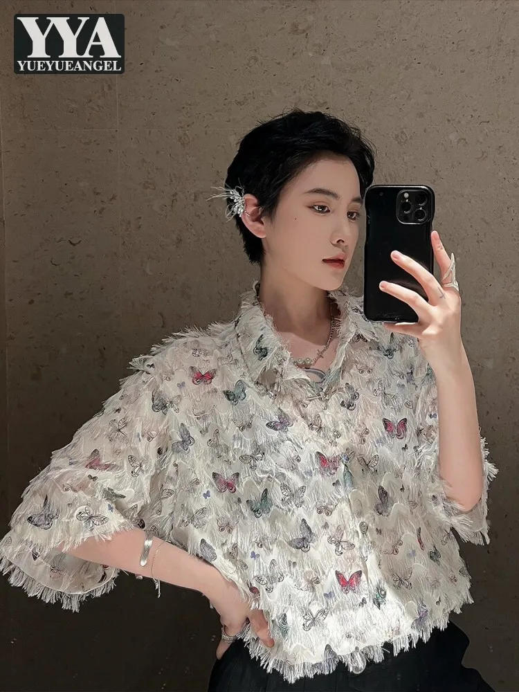 Spring Summer Women Tassel Butterfly Square Collar Shirt Fashion Loose Fit Long Sleeve Casual Lady Blouses Single Breasted Tops