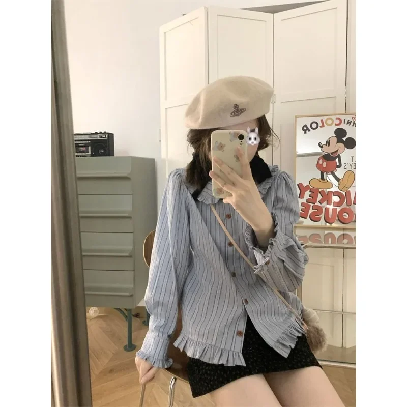 QWEEK Striped Preppy Korean Style Shirts Japanese Youthful Woman Blouses Chic Vintage Sweet Harajuku Casual Autumn Clothing