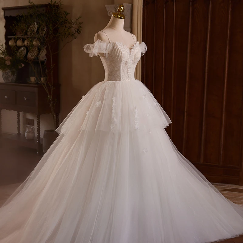 AnXin SH Vintage Prinzessin weiße Blume Spitze Spaghettiträger Rüschen Party Schnürung Ballkleid Braut maßgeschneidertes Abendkleid