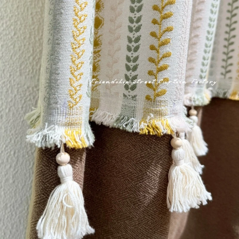 Tassel Cotton and Linen Jacquard Thickened Splicing Curtains for Living Room Bedroom Window French Customized Partition Curtain