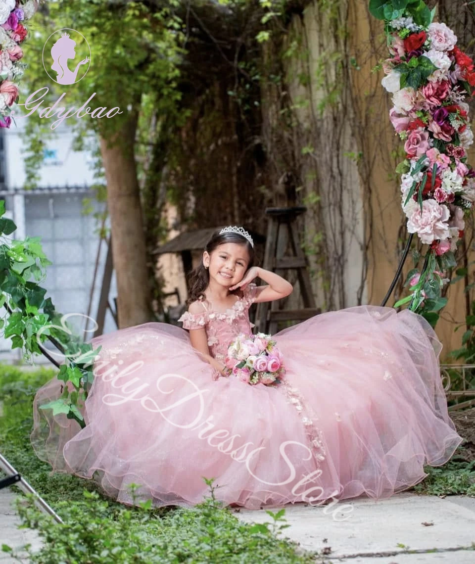 Robes de demoiselle d'honneur roses personnalisées pour mariage, appliques avec nœud, longueur au sol, robe de Rhde fête d'anniversaire de princesse élégante