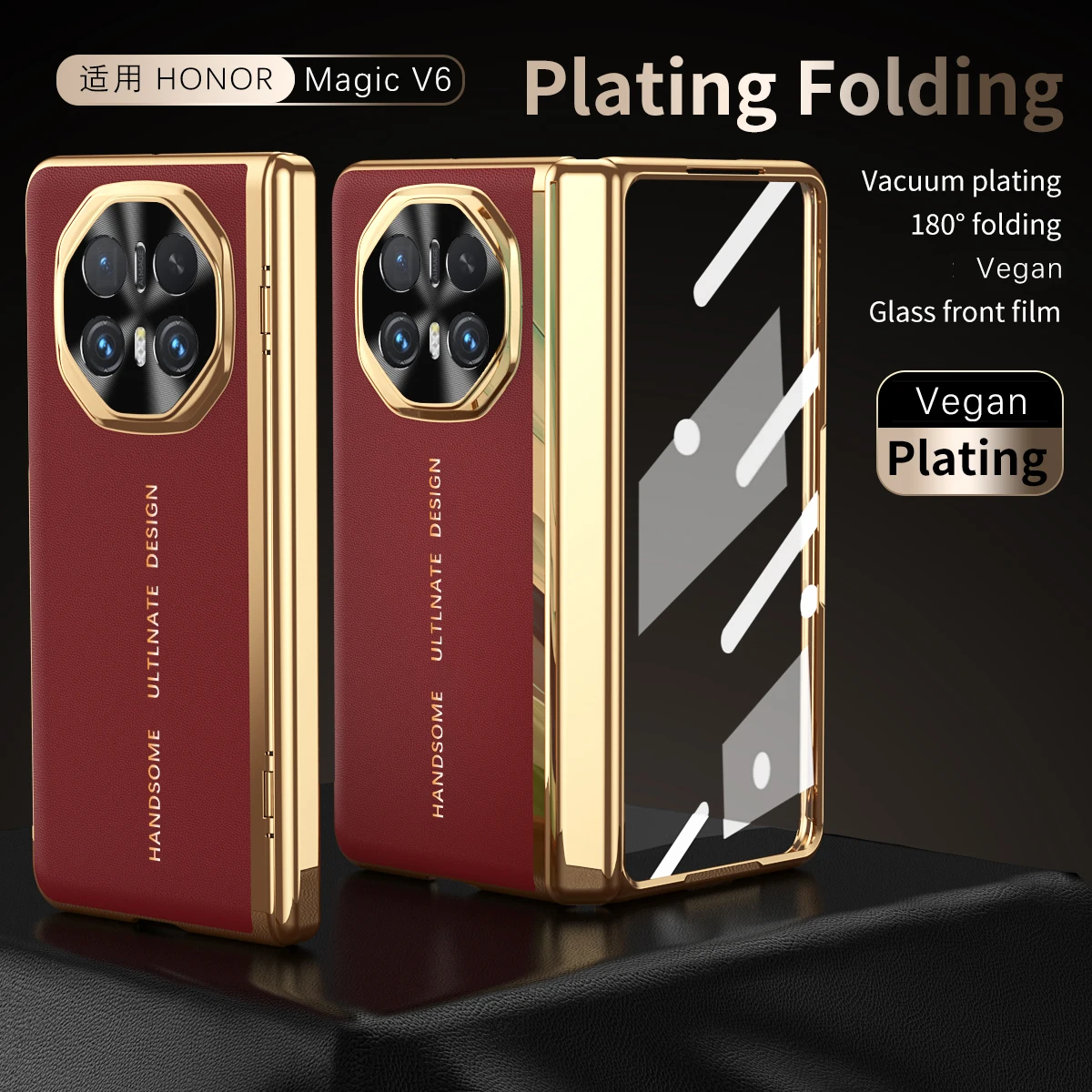 

For Honor Magic V6 V5 V3 Case Luxury Leather Plating Frame Hinge Tempered Glass Protective Film Capa All-inclusive Cover