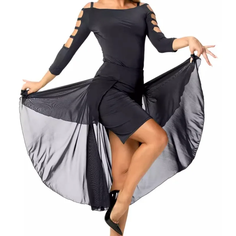 gonna da ballo latino personalizzata con retro irregolare, lunga pratica, costumi da spettacolo, spacco in rete, rumba, samba, gonna corta, abiti da sera
