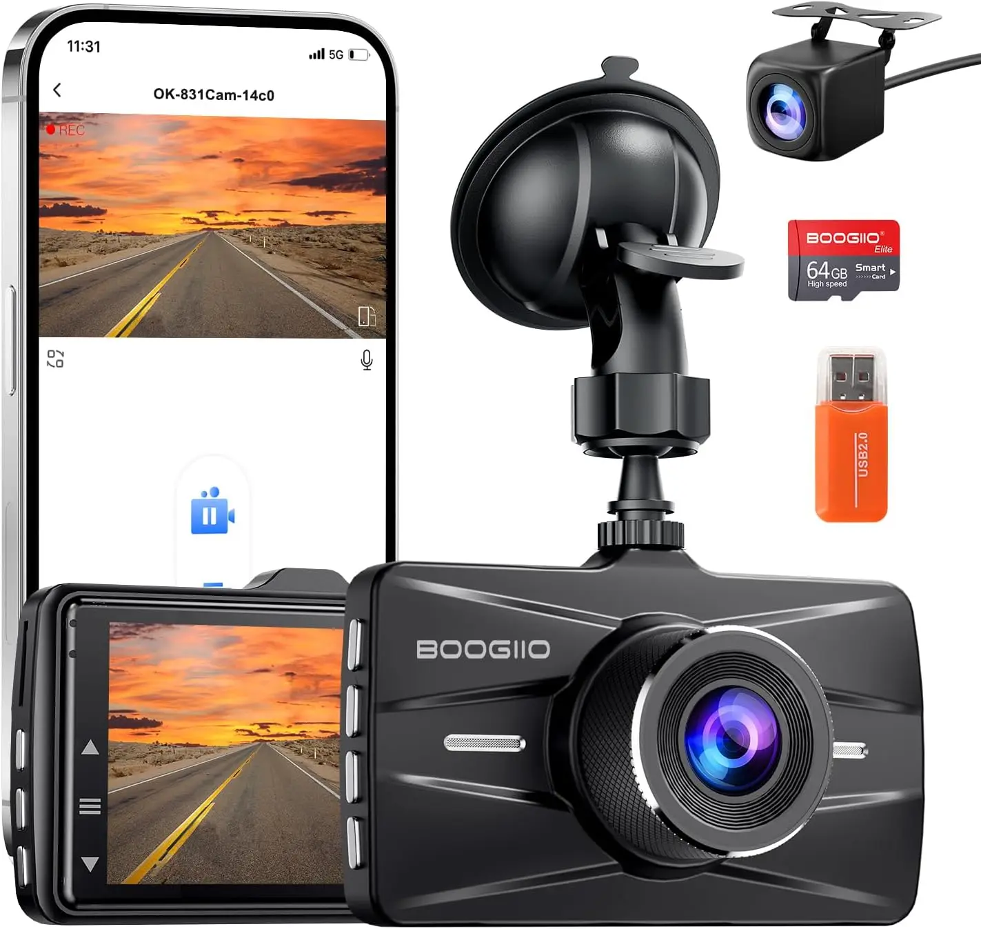 

4K Front & Rear Car Dash Camera with 64GB Card, 5G WiFi App Control, Night Vision, Parking Mode