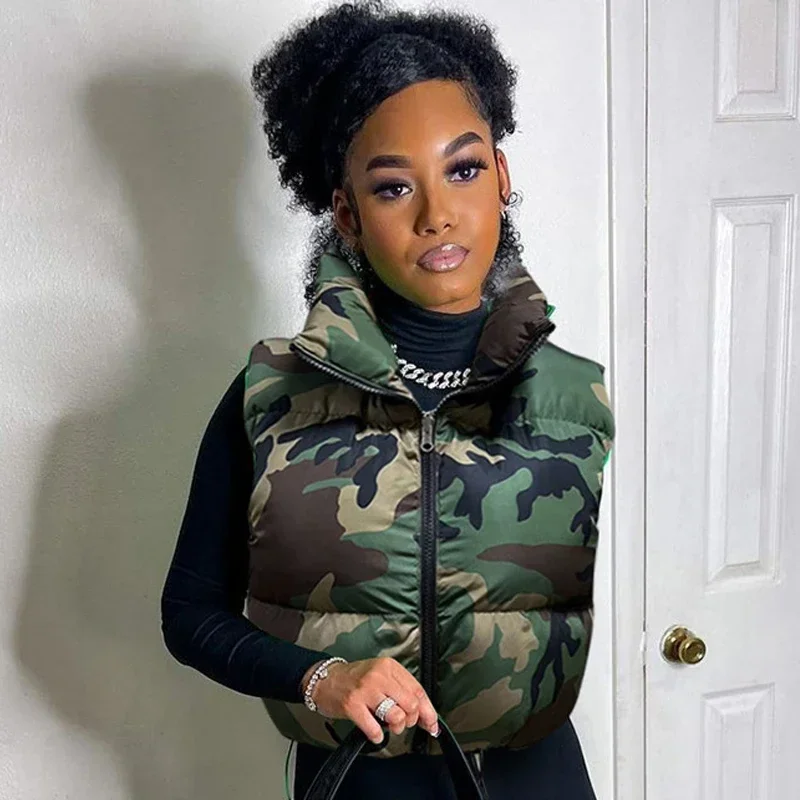 XXL Camouflage Puffer Jackets Vest Women Sleeveless Camo Bubble Coats Parkas Down Drawstring High Waist Vests Cotton Crop Parkas