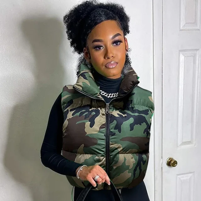 XXL Camouflage Puffer Jackets Vest Women Sleeveless Camo Bubble Coats Parkas Down Drawstring High Waist Vests Cotton Crop Parkas AliExpress