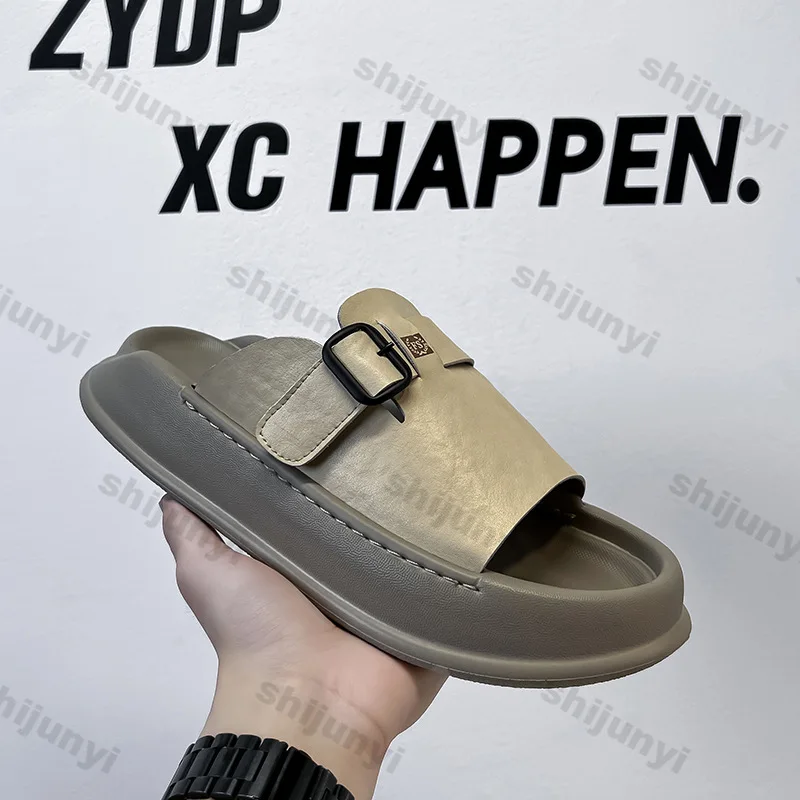 Men's One Word Slippers 2025 Summer Outdoor Platform Sandals Fashion Buckle Strap Lightweight Comfortable Soft Sole Beach Shoes