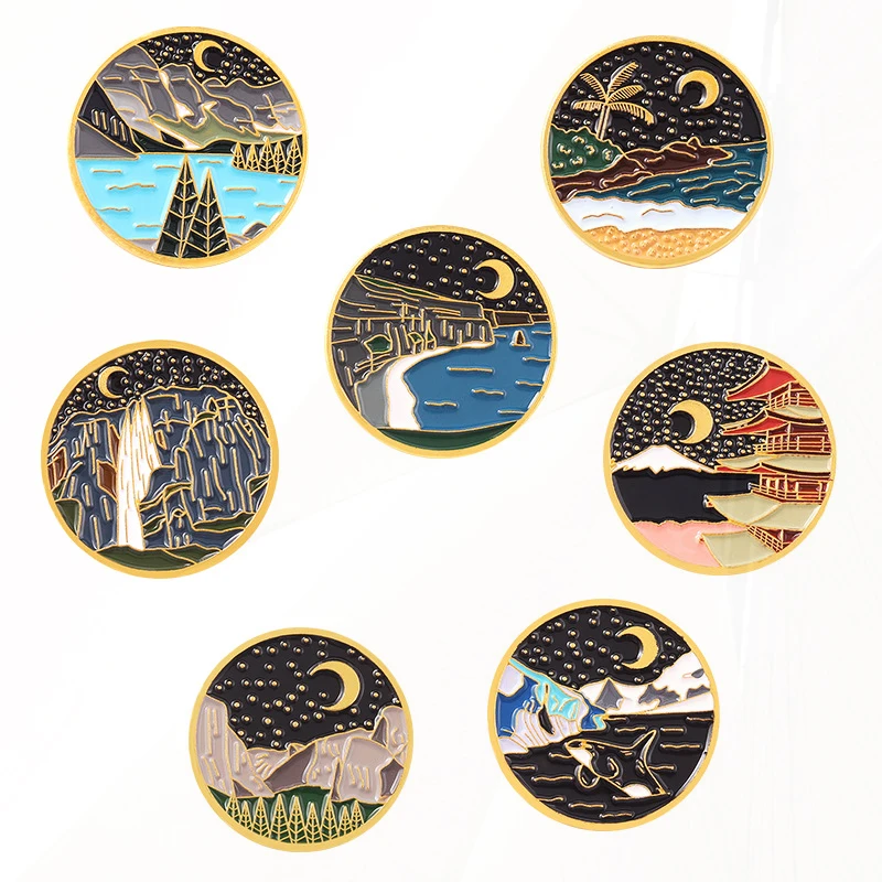 Seri lukisan pemandangan gunung Pin logam campuran aksesori pakaian Pin kelepak antik Van Gogh lukisan minyak seri Retro angin