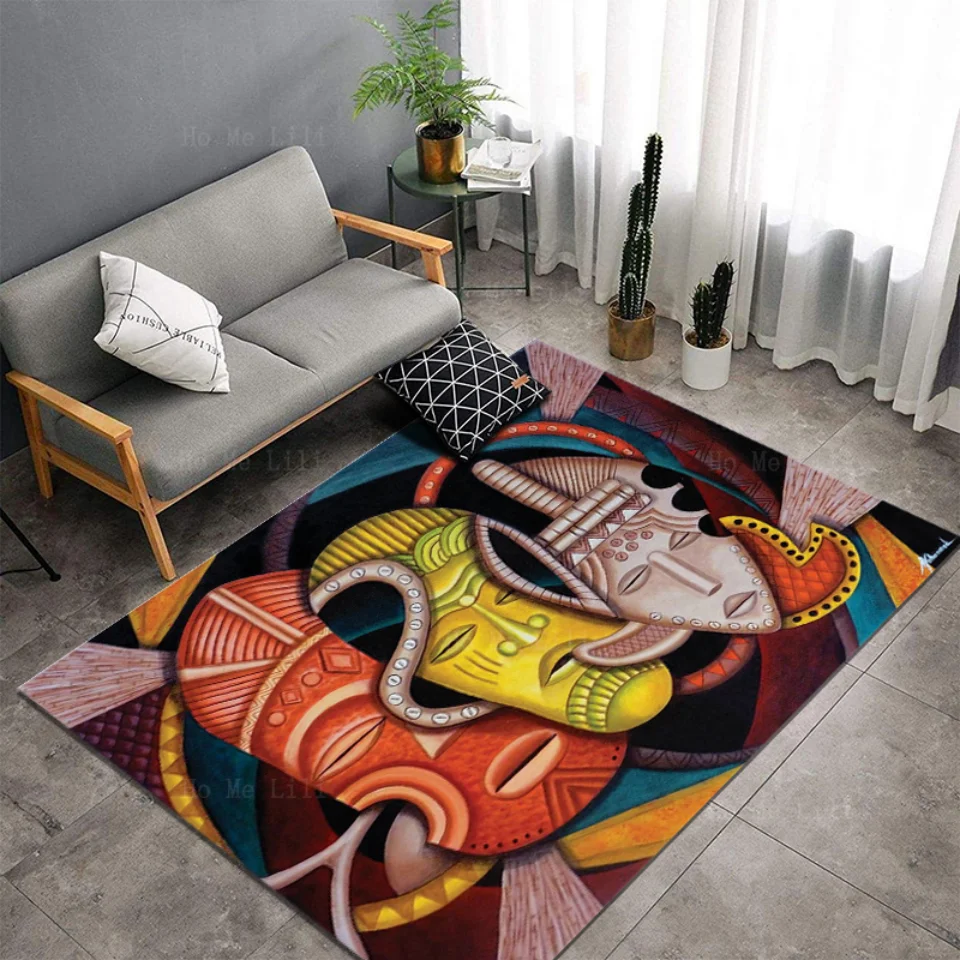 Traditional Culture Theme Three Different Colors Of Social Masks Non Slip Flannel Carpet By Ho MeLili For Home Decoration