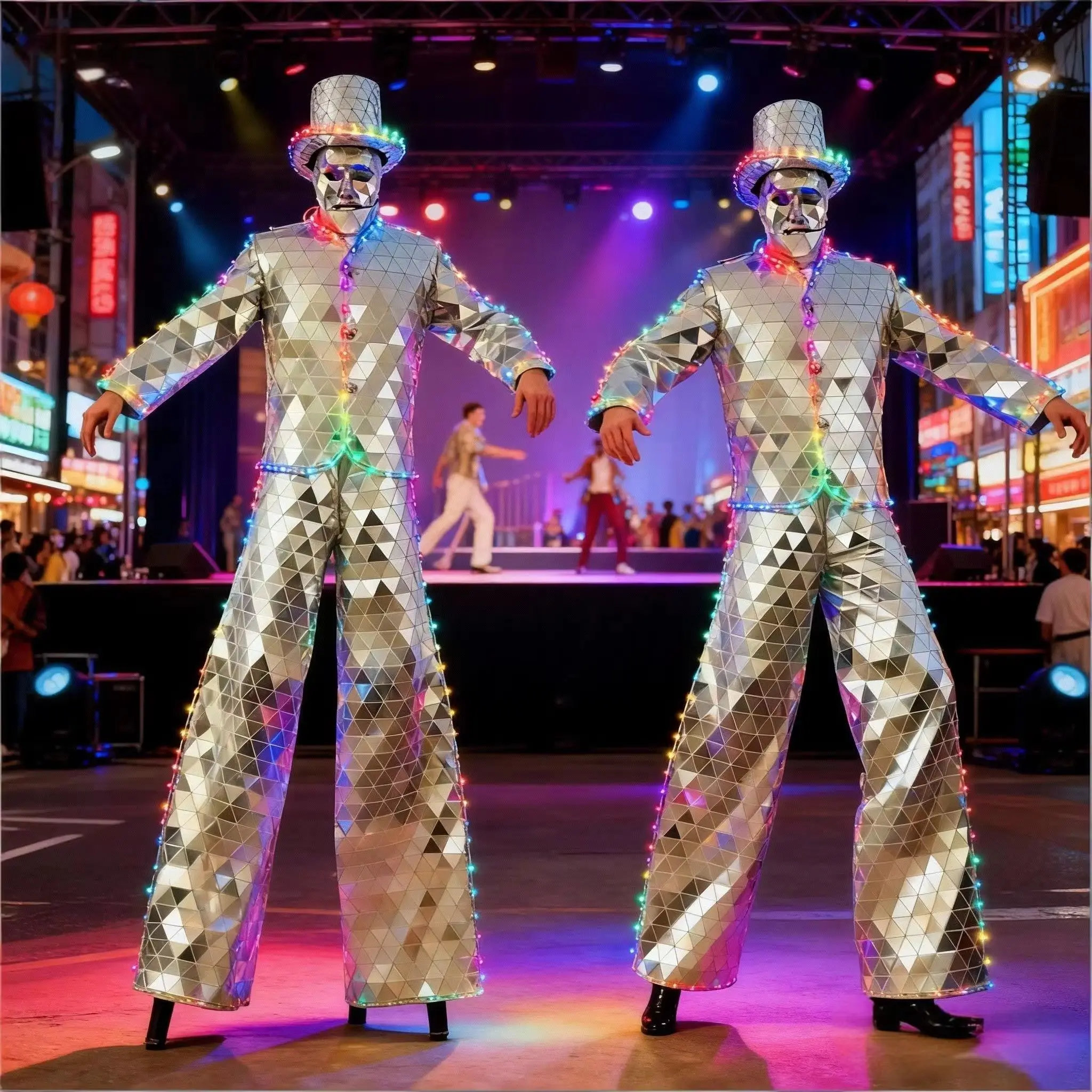 

Hand Sewn LED Light Costume Mirror Dance Suit with Matching Mask for Stage Lighting Effect Futuristic Rave Wear Halloween Party