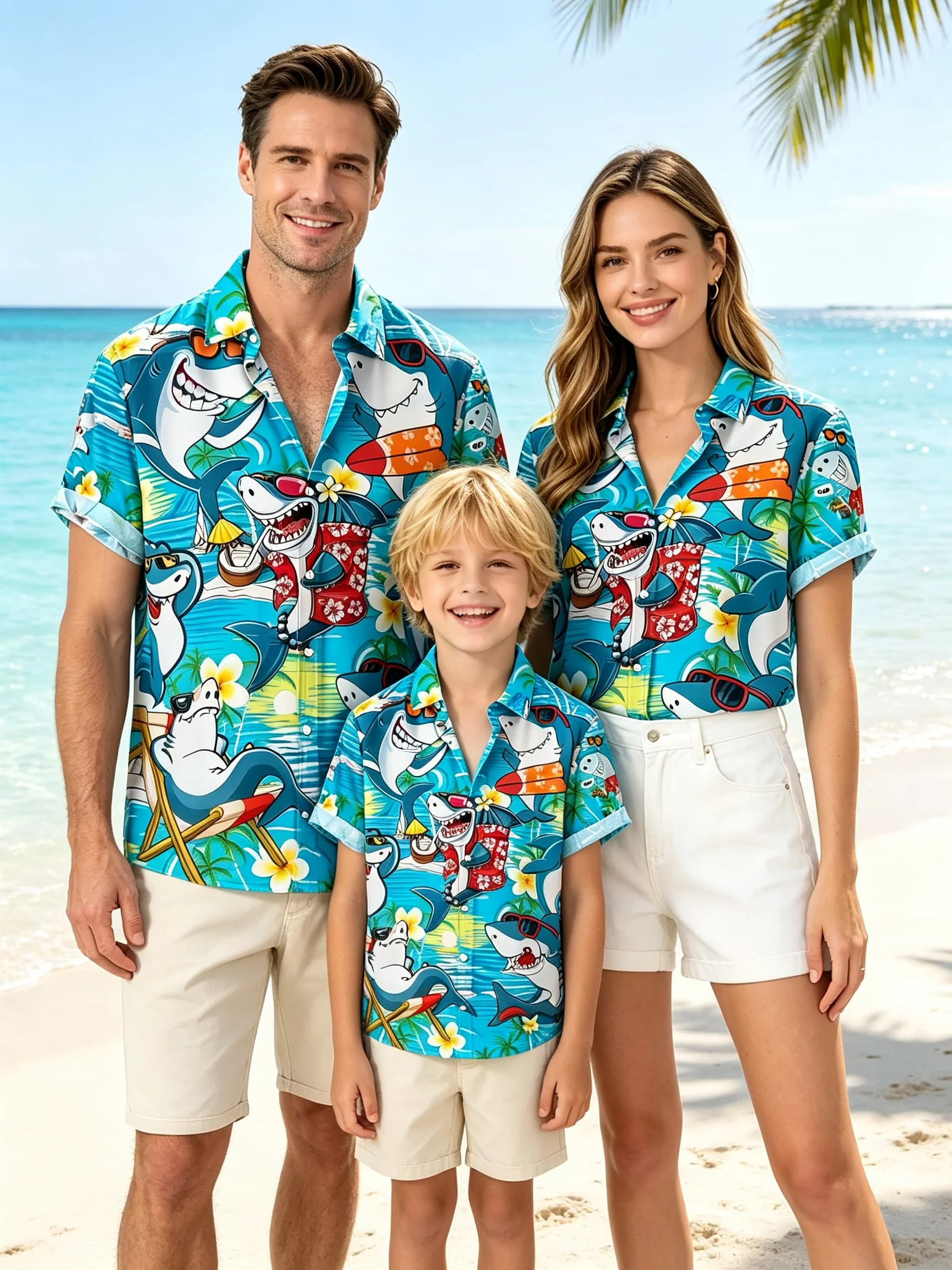 Men Women Kids Vintage Hawaiian Floral Short Sleeve Shirt Original Pattern Seabed Printing Shark Fashion Summer Cartoon Tops