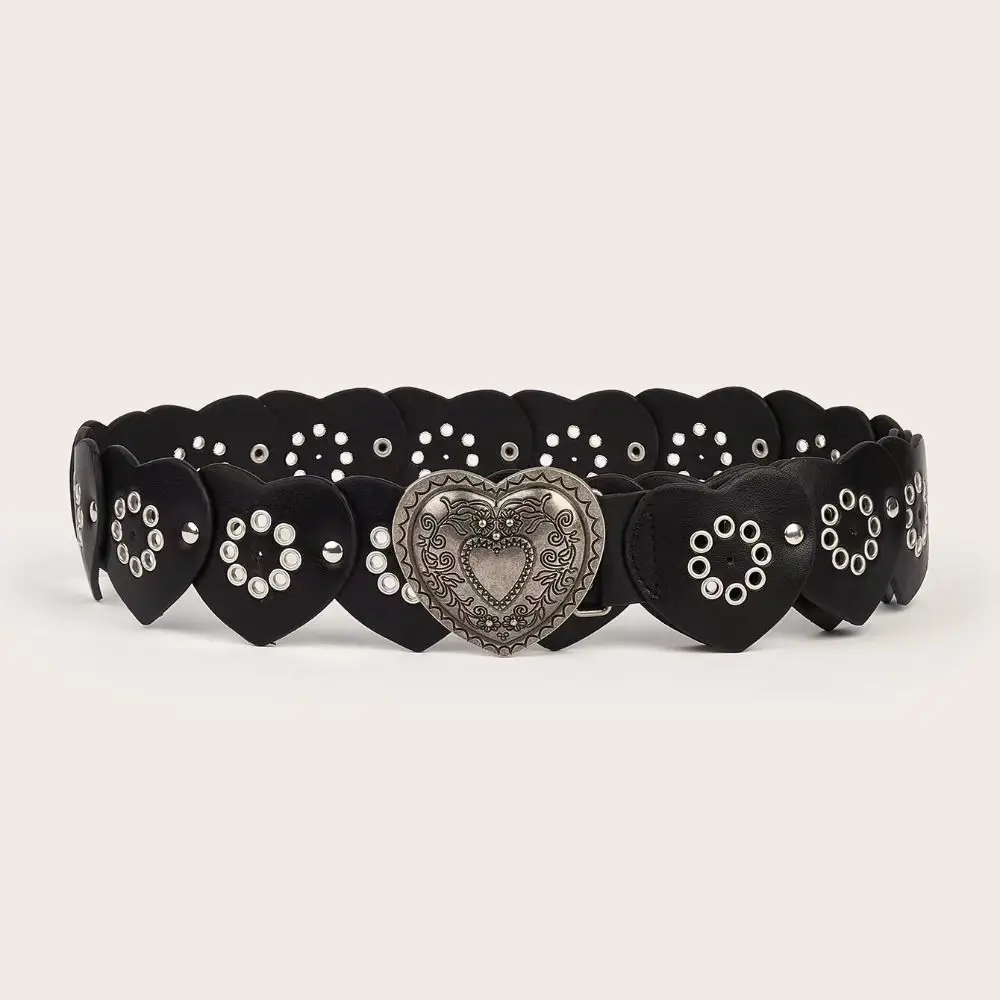 

Love Heart Wide Leather Belt Women Vintage Versatile Hollowed Belt Luxury Design Punk Waistband