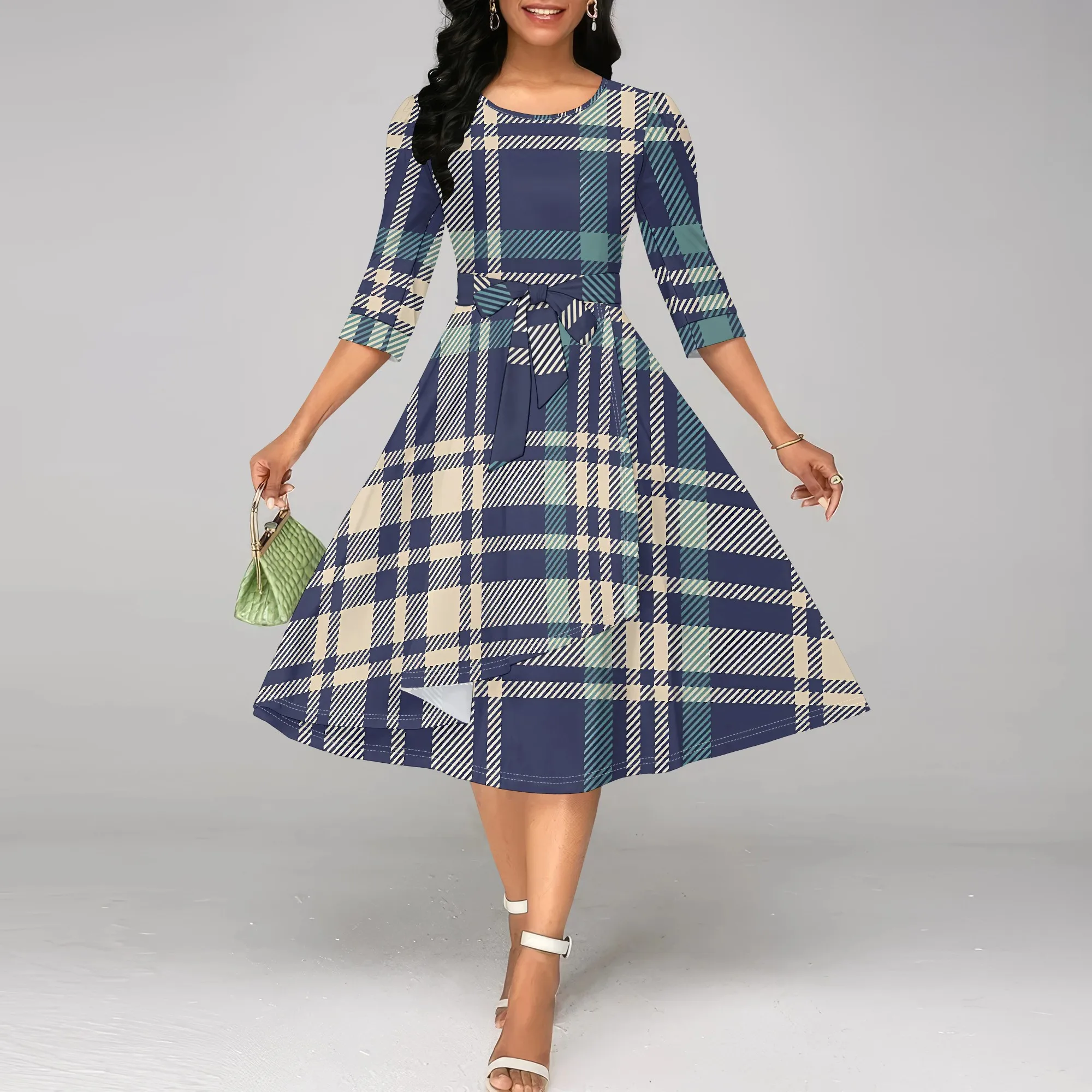 

EQQZD Elegant 3/4 Sleeve Round Neck Dress, Stylish Simple Stripe Print Midi Dress, Summer Casual Dress for Women
