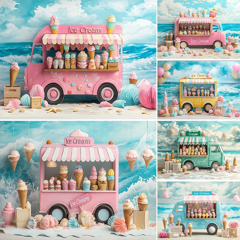 

LS Photography Background Summer Beach Ice Cream Cart Kids Birthday Party Cake Smash Portrait Decor Backdrop Photo Studio