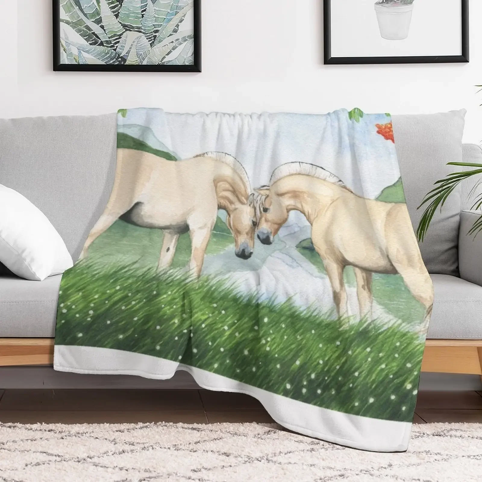 Norwegian horses in a fjord landscape Throw Blanket Warm Cozy Throw Blanket for Living Room Couch