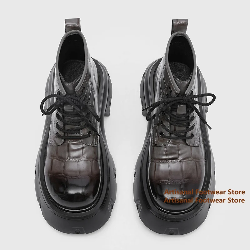 Crocodile Patterned Thick Soled Boots Inner Height Increasing British Style Boots Men's Boots High Top Trendy Men's Boots
