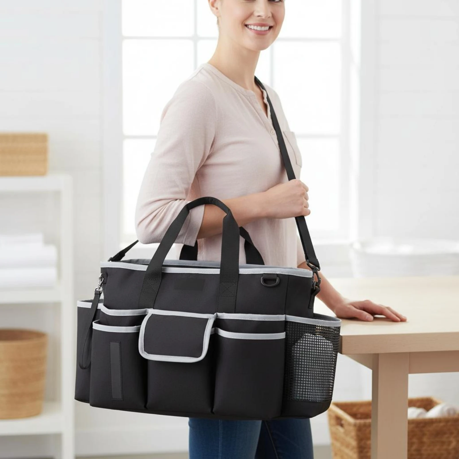 

Cleaning Supply Organizer Bag with Handle Multi Pocket Cleaning Bag Household Storage Lightweight Sturdy for Cleaners