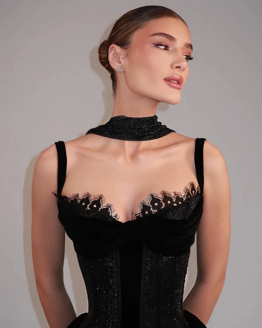 

Customized Sparkle Sequins Prom Gowns Women's Spaghetti Strap Straight Ankle Length Evening Dresses Black Lace Party Dress New