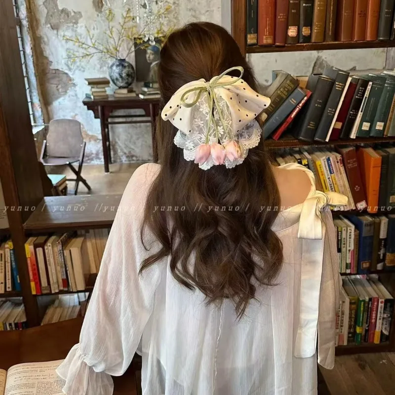 

French Polka Dot Lace Tulip Hair Claw for Women Sweet Heart Half Up Ponytail Bun Clip Retro Bow Back of Head Hair Accessories