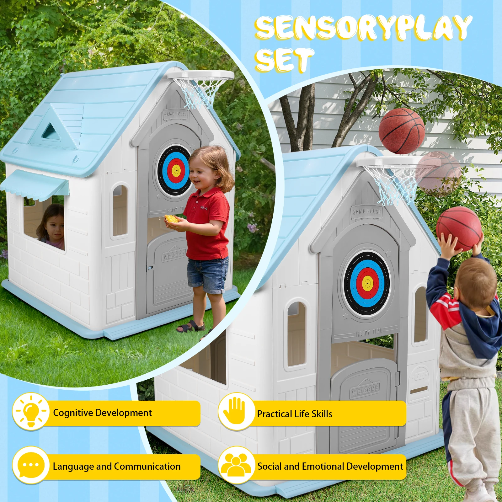 

Kids Playhouse with Basketball Hoop Dartboard Garden Games Cottage (Light Blue)