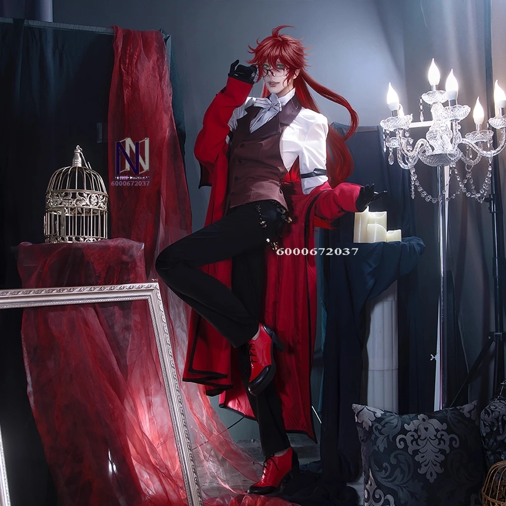 

Top Black Butler Cosplay Costume Anime Grell Sutcliff Role Playing Red Uniform Outfit Men Comic Con Halloween Party Suits Wig