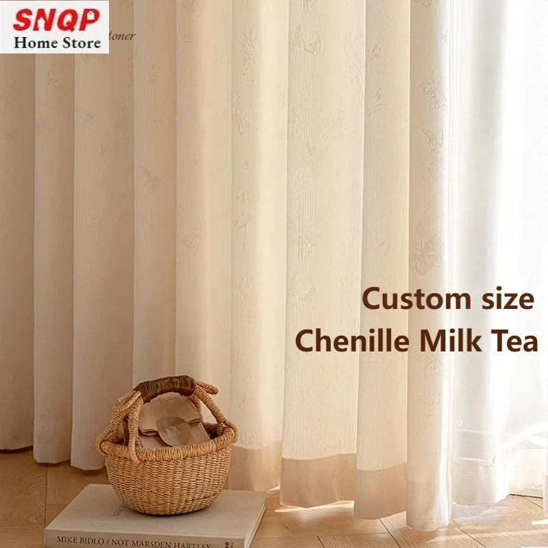 Custom Size Semi-blackout Chenille Milk Tea Hot-insulated Luxury Tulle Curtains for Living Room Bedroom Dining Retro Solid Color