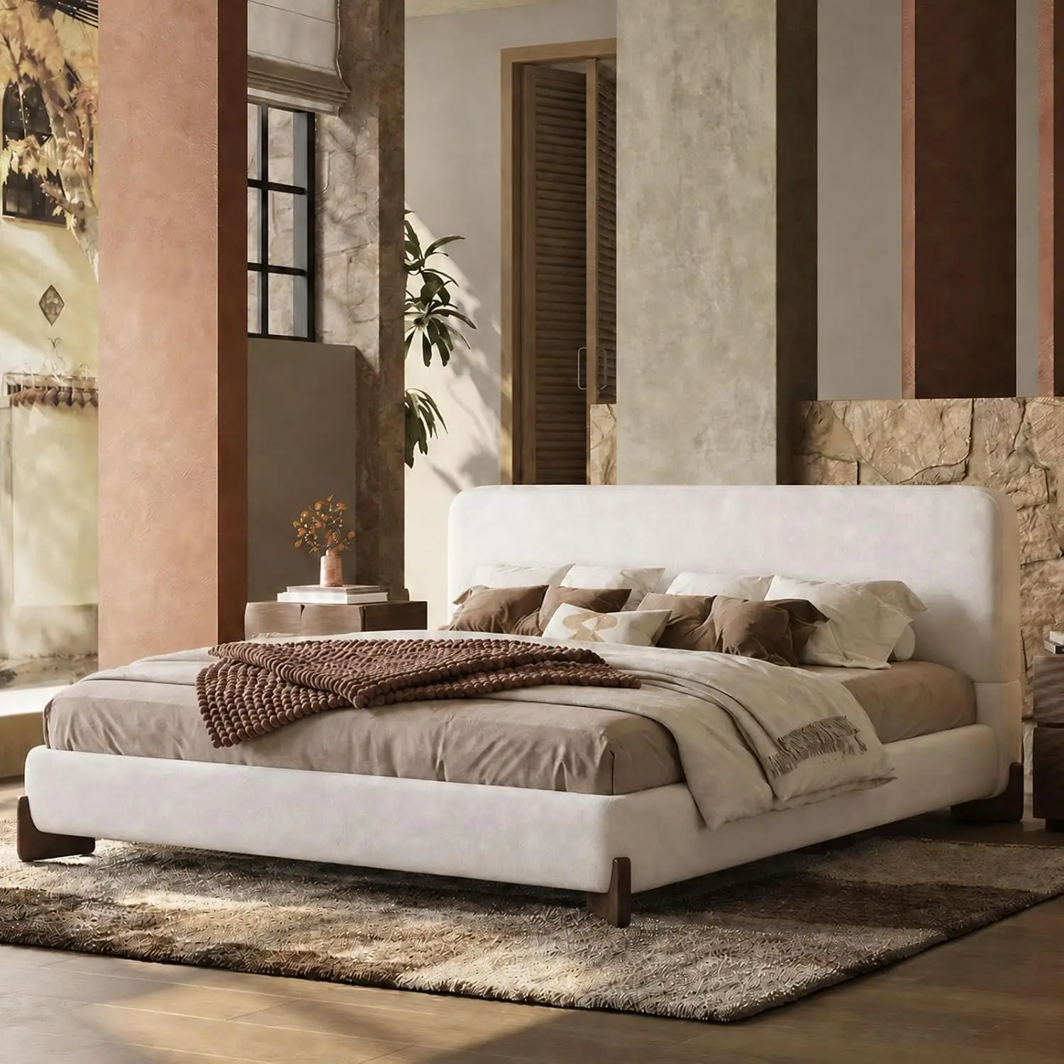 Boucle Cloud Bed Frame, Upholstered Headboard, Wood Legs, No Box Spring, Easy Assembly, King, Beige, Customized