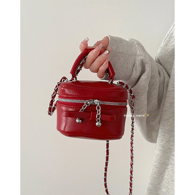 Elegant Bow Handbag Women New Mini Chain Versatile Crossbody Bag Lady Fashionable Lipstick Bag Red Glossy Surface Party Bag