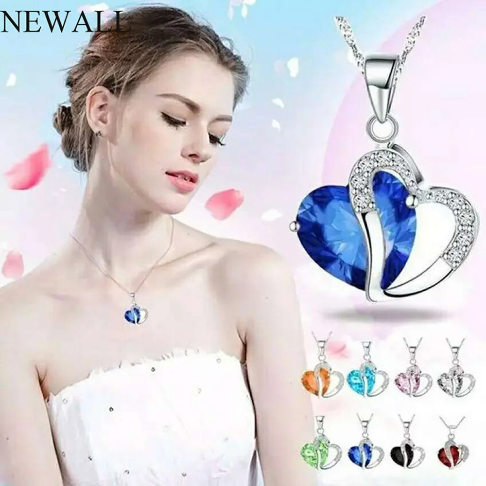 Multi-Color Fasion Heart Pendant Necklace Alloy Blue Red Silver Plated Zircon Crystal Chocker Women Chain Jewelry Drop Shipping