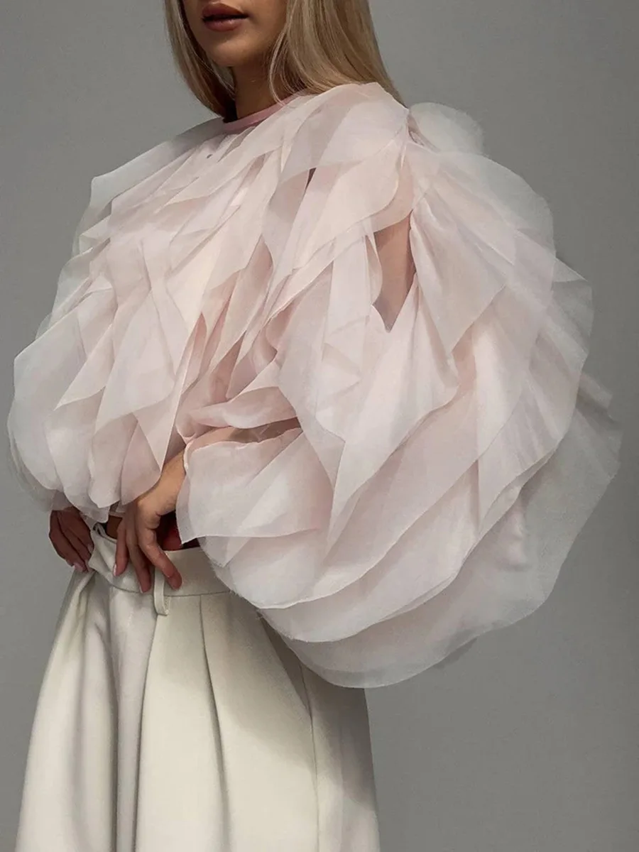 Women's Ruffled Organza Crop Top Puff Sleeve Sheer Tulle Blouse Back Tie Sweet Fairy Party Tops Multiple Colors Available