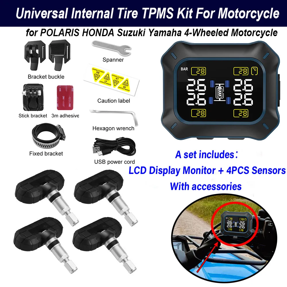 

Универсальный комплект TPMS для ATV с внутренней шиной для мотоцикла, ЖК-дисплей, 4 датчика с аксессуарами для POLARIS HONDA Suzuki