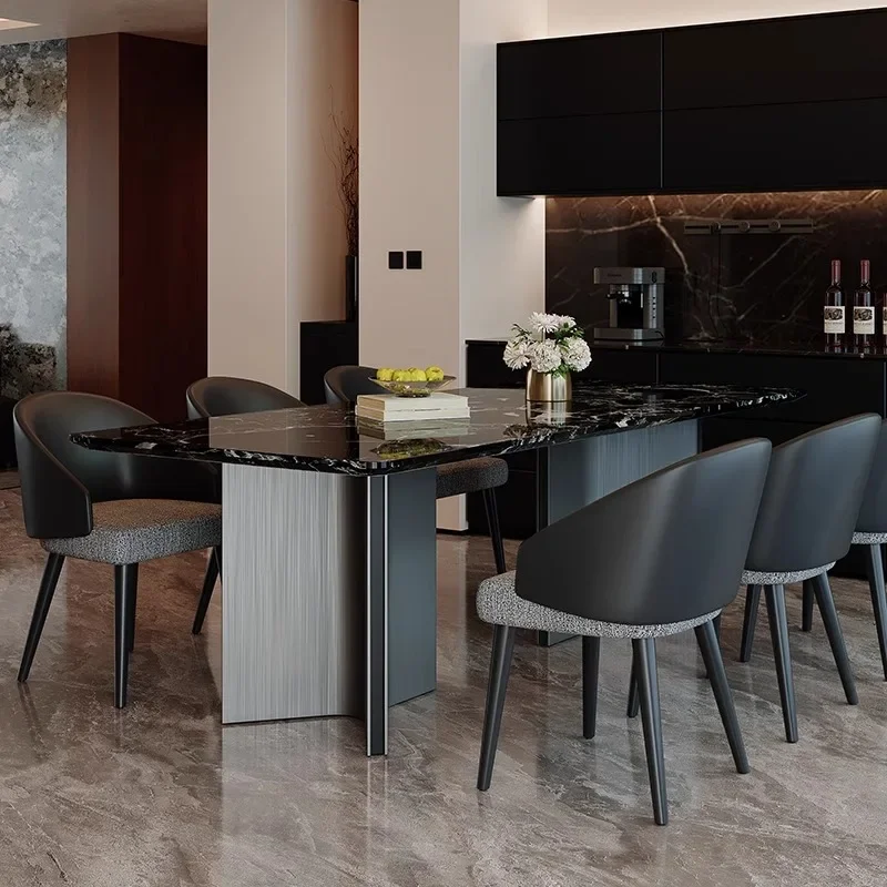 Natural marble rose black luxury stone dining table Italian light luxury high-end dining table rectangular mansion