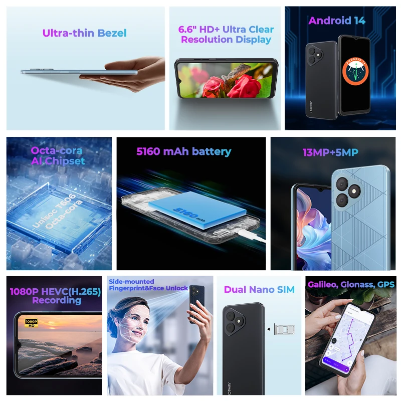 هاتف ذكي HOTWAV Note 15 Pro رفيع للغاية بشاشة 6.6 بوصة HD + شاشة أندرويد 14 5160 مللي أمبير في الساعة هاتف محمول 12(4+8)GB + 128GB 13MP هاتف محمول