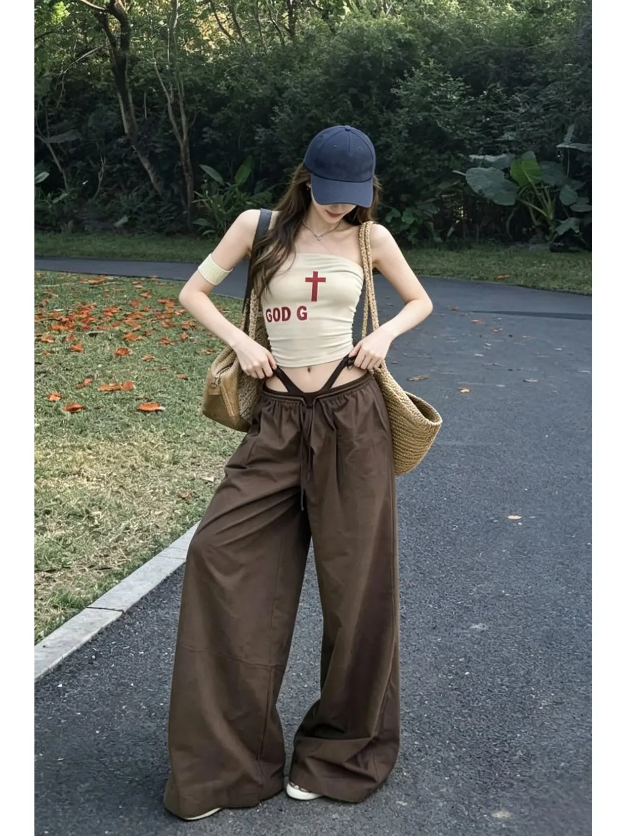 

Fashionable Commuter Spicy Girl One Shoulder Tube Top Wide Leg Pants Set Women Summer Drawstring Design Sensation Two Piece Set