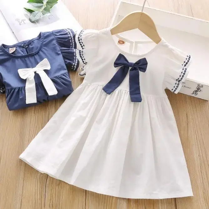 New Baby Dress Girl Clothes Short Sleeve Bow Tie Kids Beautiful Dresses