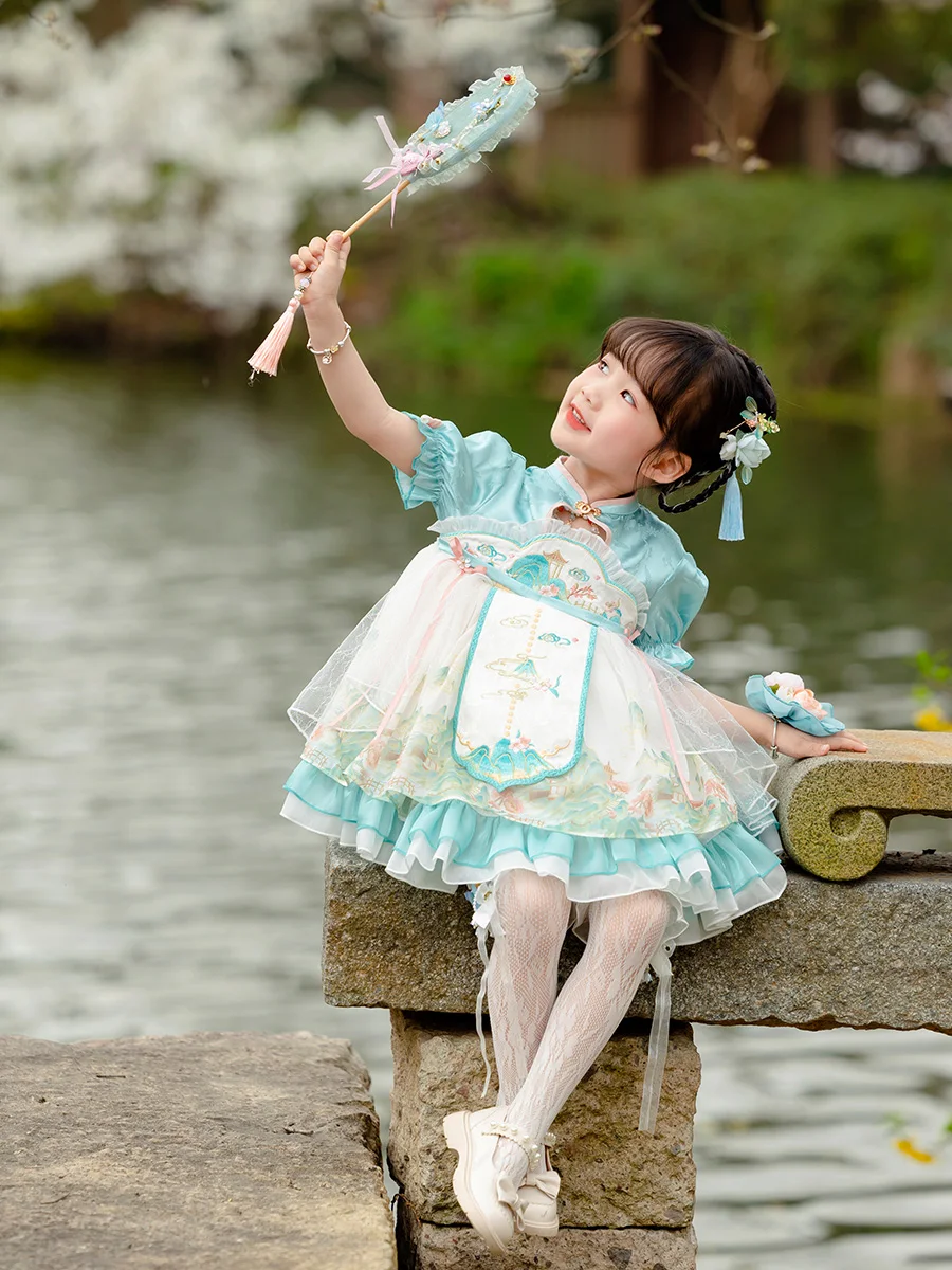 Qianli Jiangshan Hanfu ชุดฤดูร้อนของเด็กผู้หญิงชุดเดรสโลลิต้าชุดเดรสชุดจีนสไตล์จีน