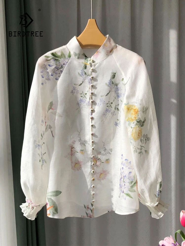 

BirdTree-35%Silk 65%Linen Elegant Shirt, Women Lantern Sleeve Print, French Retro Chic Loose Blouse, 2025 Autumn New T57859CC