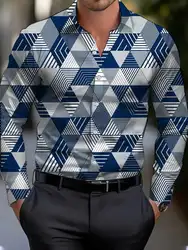Men's shirt regular lapel shirt men's 3d printing irregular geometric printing casual street long sleeve fashion printed shirt