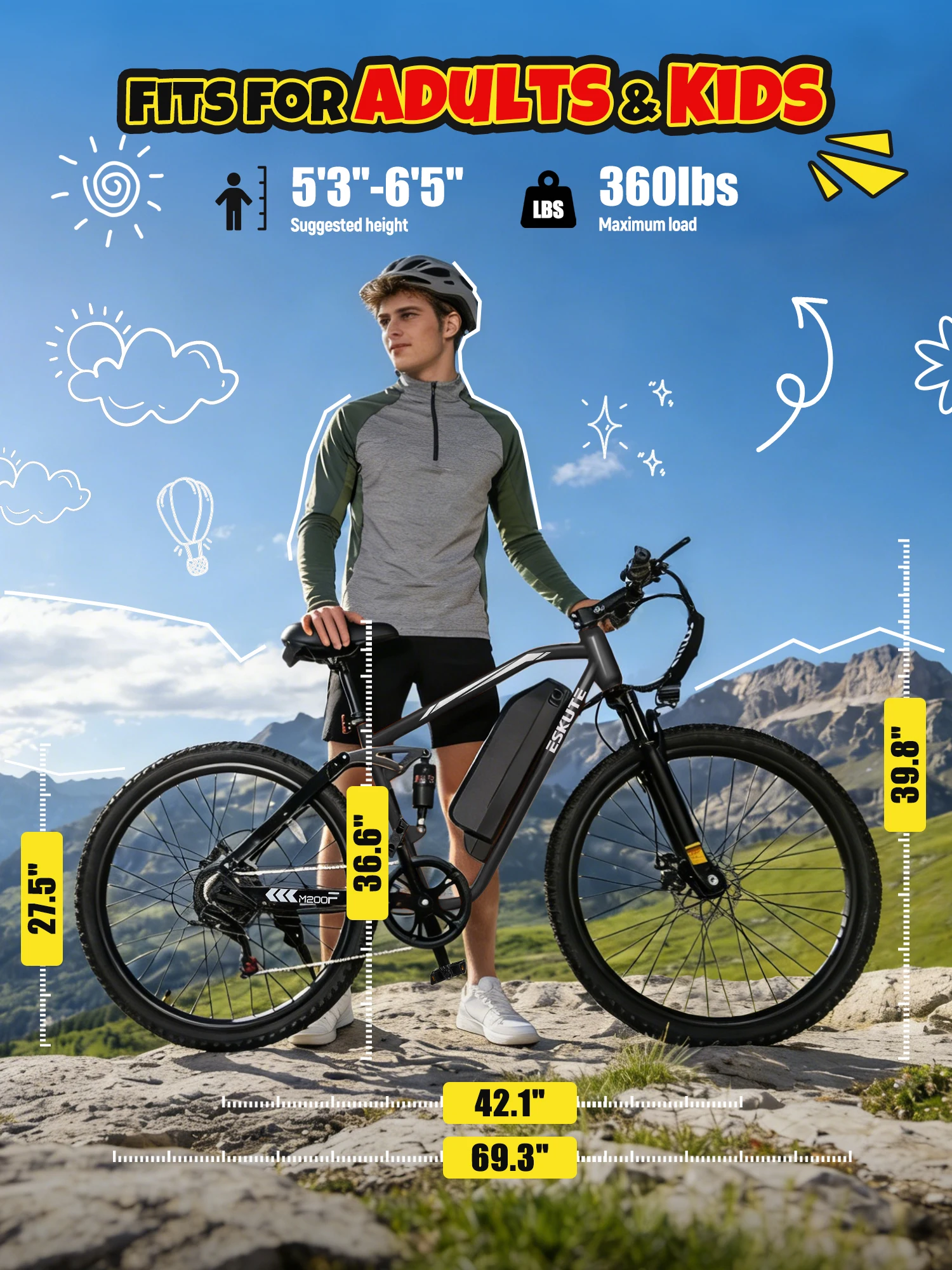 ESKUTE M200F Electric Bike for Adults – 27.5 inch Tire Mountain E-Bike,  Brushless Motor, 48V 20.8Ah Removable Battery, Up to 80 Miles, Step Over Commuter E-MTB, Full Suspensions view 6