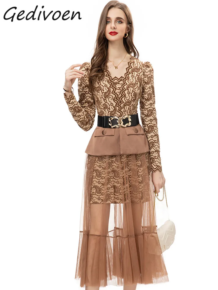 

Gedivoen Autumn Fashion Runway Vintage Mesh Spliced Dress Women V Neck Long Sleeve Button Sashes Ruffles Slim A-LINE Long Dress