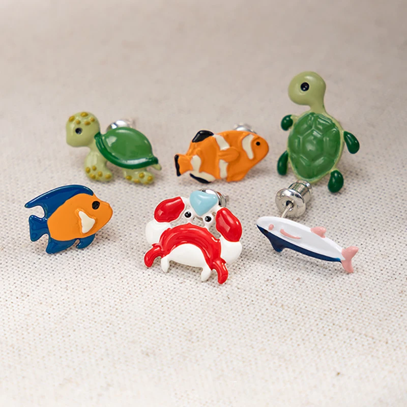 

Cute Marine Animals Series Design Single Earring Funny Turtle Single Stud Earring Cartoon Hand-painted Fish Earring Freely Match