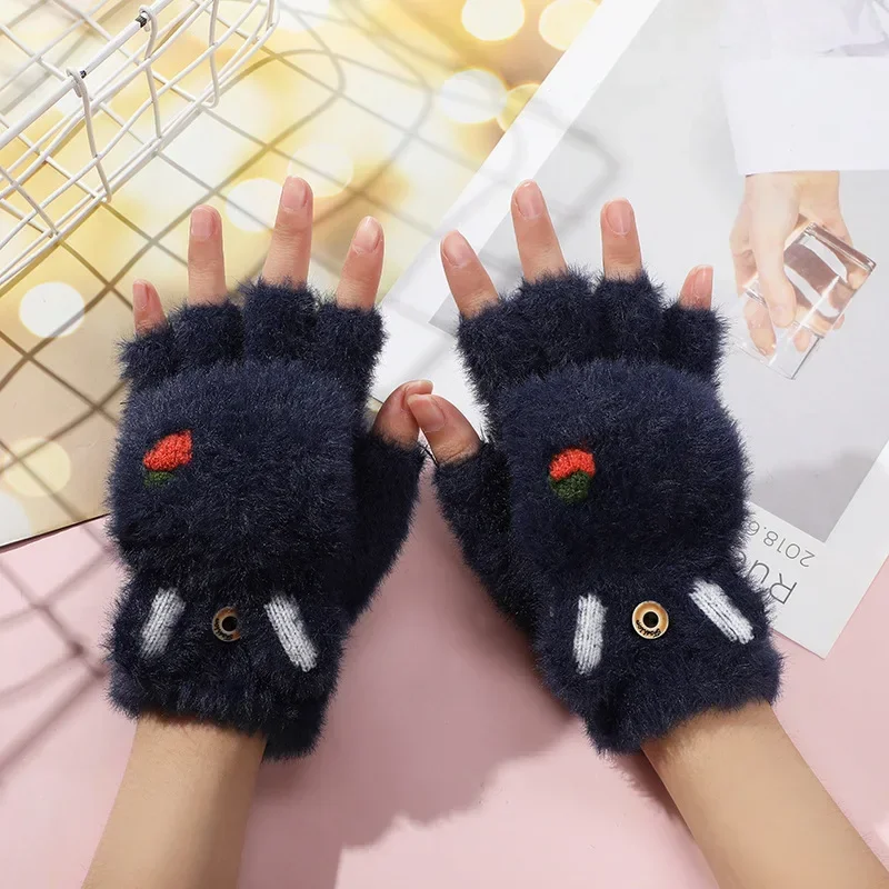 Warm Gloves Female Winter Half Finger Cartoon Plush Autumn and Winter Fleece Thick Work Gloves Wholesale Kawaii Rabbit Mittens