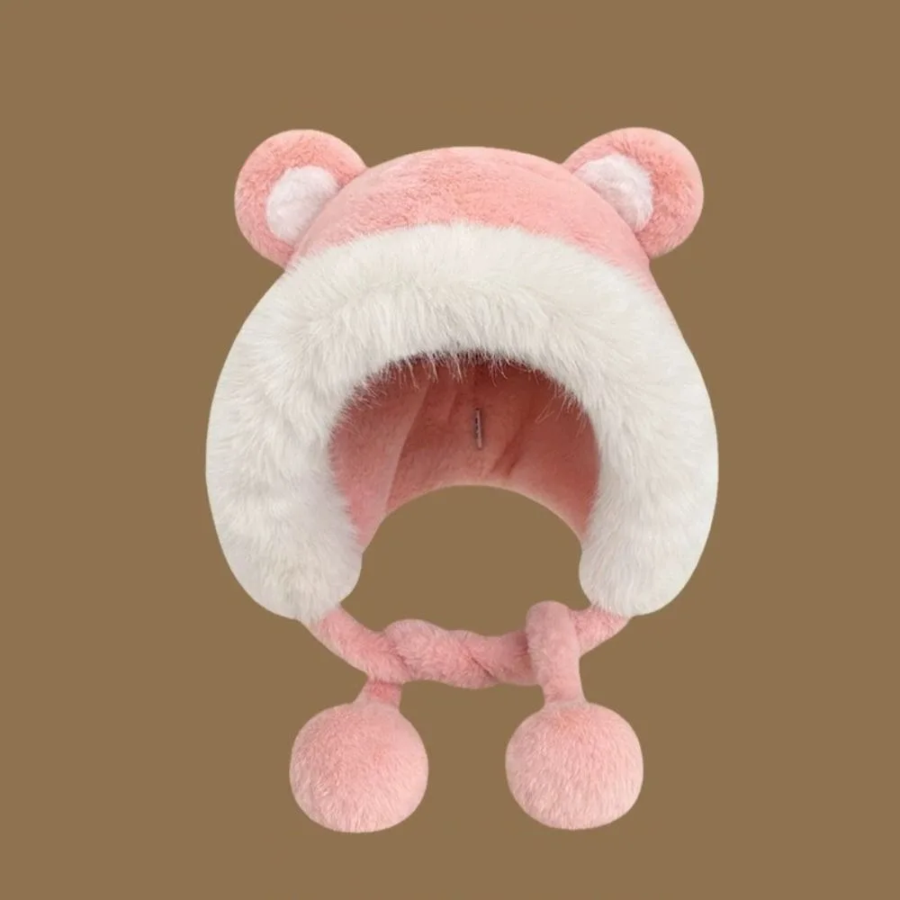 Topi Musim Dingin Hangat Lucu dengan Tali, Topi Wol dengan Telinga Beruang, Topi Ember Pelindung Telinga Beludru untuk Wanita