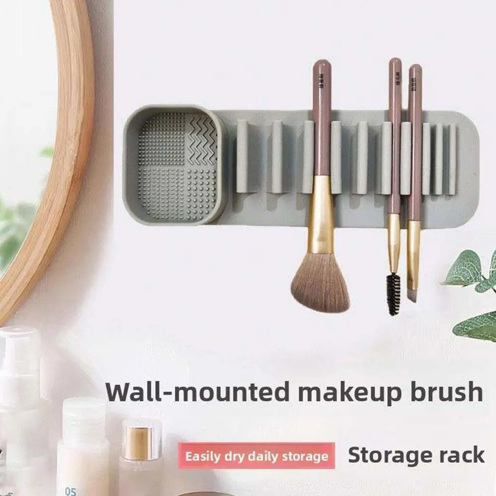 Silicone Makeup Brush Cleaning Drying Rack Wall Mounted Brush Holder Cleaner Mat 2 in 1 Cosmetic Organizer