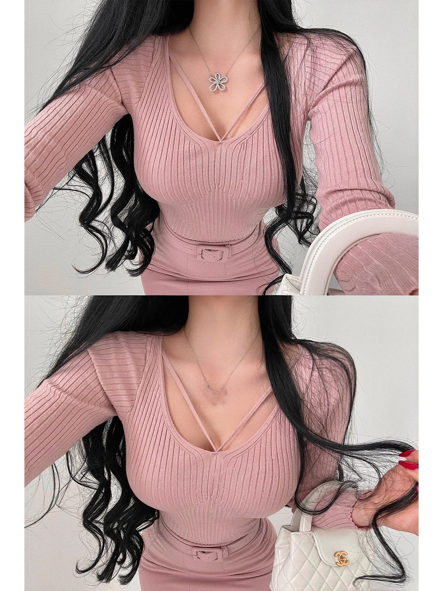 

Сексуальный вязаный топ Pure Desire U-Ne с перекрестным галстуком, облегающий длинный вязаный топ для молодых девушек, дневной базовый слой, женская одежда через плечо с переплетом