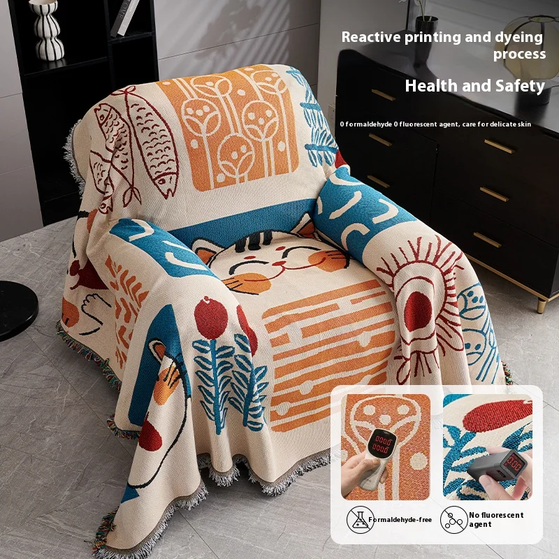 Lucky Cat Sofabezug, 2–3-Sitzer, vollständige Abdeckung, katzensicher, rutschfester Couch-Schonbezug, Cartoon-Glücks-Heimdekoration für kleines Sofa